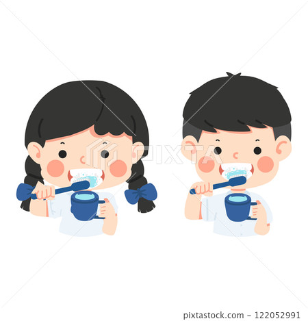 Adorable schoolboy brushing her teeth 122052991