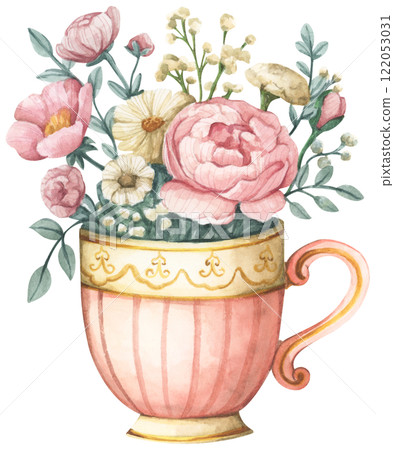 Watercolor floral arrangement in cup. Watercolor floral arrangement in cup. 122053031