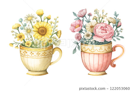 Watercolor floral arrangement in cup. Watercolor floral arrangement in cup. 122053060
