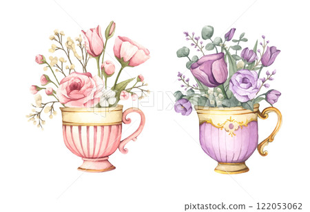 Watercolor floral arrangement in cup. Watercolor floral arrangement in cup. 122053062