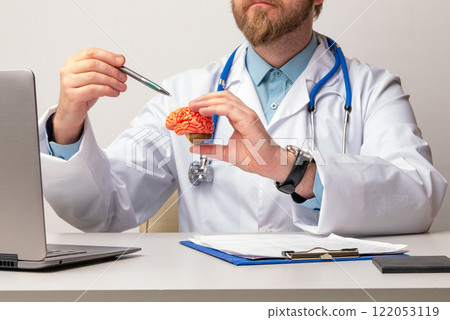 doctor is pointing pen anatomical model human brain. Help and care concept 122053119
