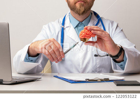 doctor is pointing pen anatomical model human brain. Help and care concept 122053122