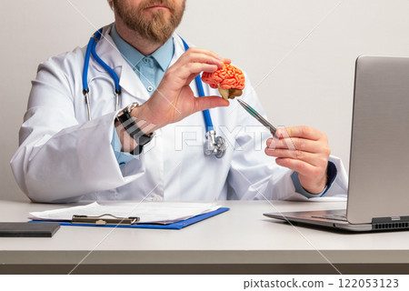 doctor is pointing pen anatomical model human brain. Help and care concept 122053123