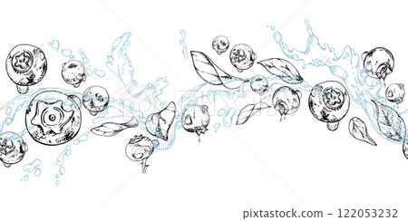 Blueberry blackberry flying in water splashes with drops, hand drawn in ink vector, ripe sketch forest berry and leaves. Seamless banner illustration for restaurant, cafe menu, farmers market, wedding Blueberry blackberry flying in water splashes with drops, hand drawn in ink vector, ripe sketch forest berry and leaves. Seamless banner illustration for restaurant, cafe menu, farmers market, wedding 122053232