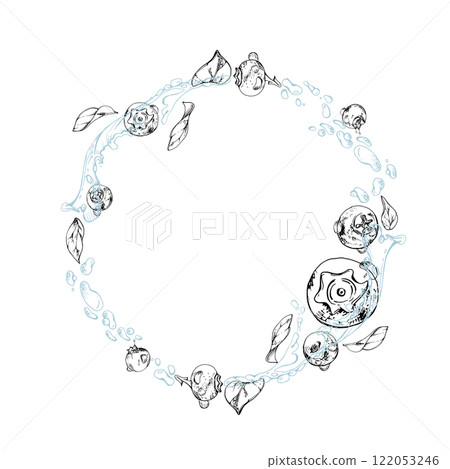 Blueberry blackberry flying in water splash with drops and plant leaves, hand drawn in ink vector, ripe summer forest berry. Isolated wreath frame illustration. Restaurant, cafe menu, farmers market 122053246