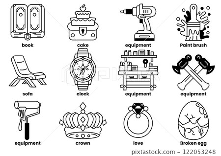 Set of illustrations in the concept of furniture in the house in a line style 122053248