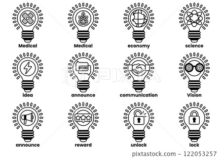 Set of illustrations in the concept of light bulbs in various situations in line art style 122053257