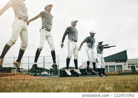 Baseball, training and exercise with a sport team preparing for a game on a grass pitch or field for sports. Fitness, teamwork and health with man friends getting ready during practice or a workout 122053562