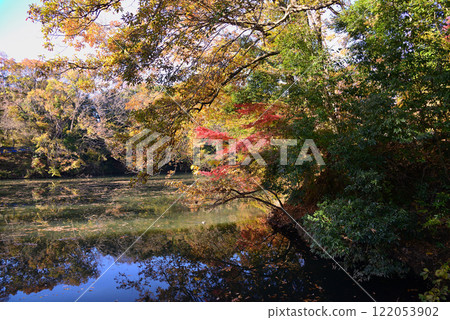 Lake Shinsho with autumn leaves coloring the lakeside Lake Shinsho with autumn leaves coloring the lakeside 122053902
