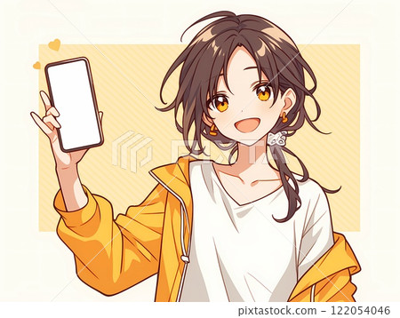 一個微笑的女孩用她的智慧型手機螢幕指著你 122054046