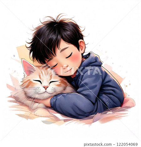 一個男孩抱著貓咪舒服地睡覺的插圖 122054069