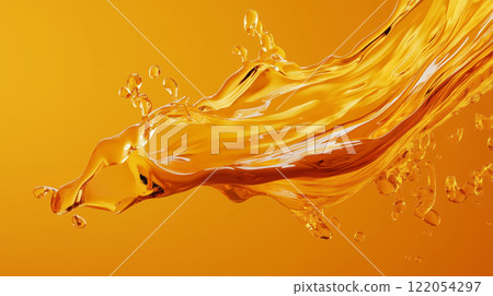 Golden splashing liquid creating a wave on orange background 122054297