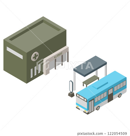 Colored isometric illustration with a bus stop and a clinic. Calm colors, right view. 122054509