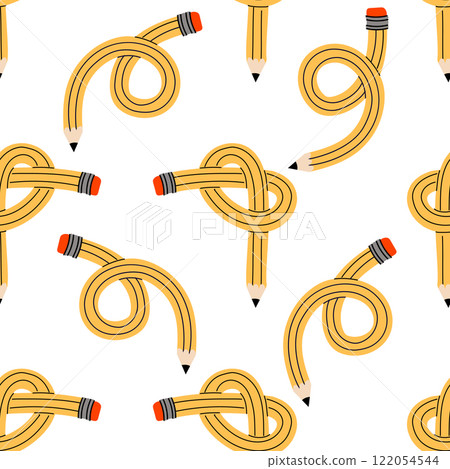 A fun seamless pattern with yellow pencils. Bent, knotted, twisted crayons. Back to school print. A fun seamless pattern with yellow pencils. Bent, knotted, twisted crayons. Back to school print. 122054544