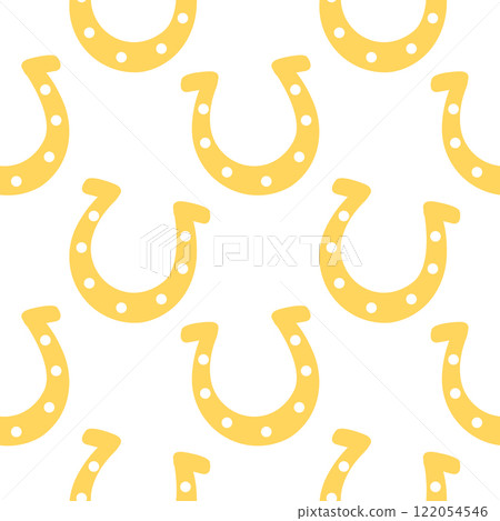 A cute seamless pattern with yellow horseshoe. Good luck print. Background, banner, fabric, wrapping paper template. 122054546