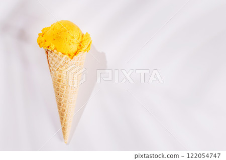 A refreshing ice cream cone set against a white background A refreshing ice cream cone set against a white background 122054747