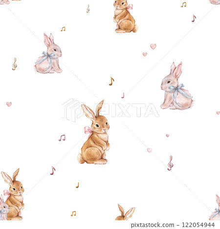 Watercolor seamless pattern with cute white rose bunny with bow and musical notes. Repeat pattern pastel color with red rabbit. Tender watercolor hand drawn illustration for holiday or kids design. 122054944