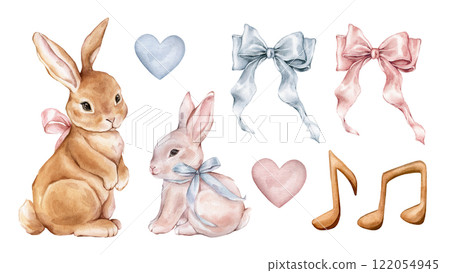 Watercolor set of red rabbit and white pink bunny with bow. Hand drawn illustration musical notes and hearts. Pink and light blue bows isolated on a white background. Clipart drawing pastel colors. Watercolor set of red rabbit and white pink bunny with bow. Hand drawn illustration musical notes and hearts. Pink and light blue bows isolated on a white background. Clipart drawing pastel colors. 122054945
