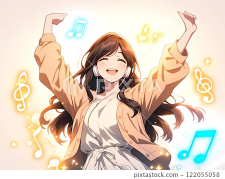 年輕女子戴著耳機聽音樂，微笑唱歌 122055058