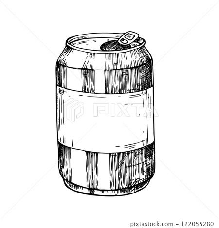 Vector aluminum soda can with the ring pull showing Graphic ink ale, beverage, beer illustration isolated on background. Hand drawn line sketch. For designers, prints, logo, menu, postcards, wrapping Vector aluminum soda can with the ring pull showing Graphic ink ale, beverage, beer illustration isolated on background. Hand drawn line sketch. For designers, prints, logo, menu, postcards, wrapping 122055280