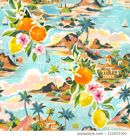 Beautiful vector tropical seamless pattern with hand drawn paradise islands with mountains and palm trees on beaches with ocean and clouds in sky. Ready tropical print design. 122055301