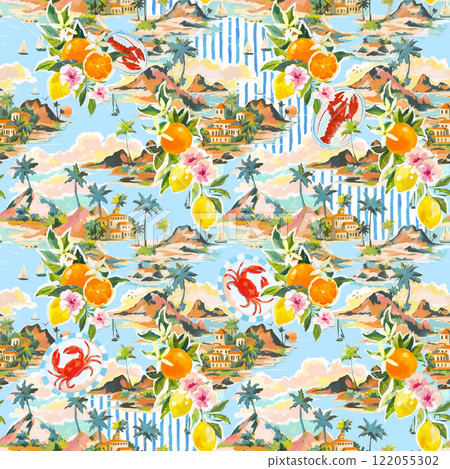 Beautiful vector tropical seamless pattern with hand drawn paradise islands with mountains and palm trees on beaches with ocean and clouds in sky. Ready tropical print design. 122055302