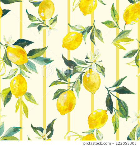Beautiful seamless pattern with watercolor fresh lemons with leaves and flowers in sunny Mediterranean style. Ready summer print design for wallpapers, wrappings, textile. Beautiful seamless pattern with watercolor fresh lemons with leaves and flowers in sunny Mediterranean style. Ready summer print design for wallpapers, wrappings, textile. 122055305