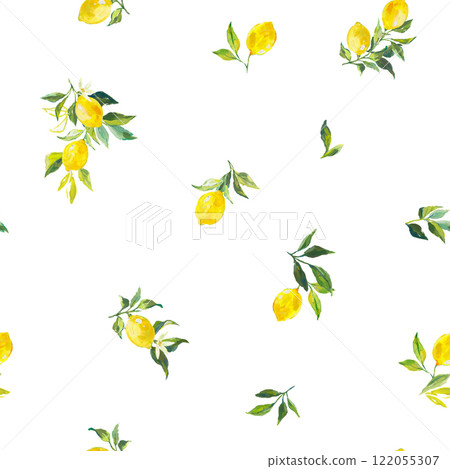 Beautiful seamless pattern with watercolor fresh lemons with leaves and flowers in sunny Mediterranean style. Ready summer print design for wallpapers, wrappings, textile. 122055307