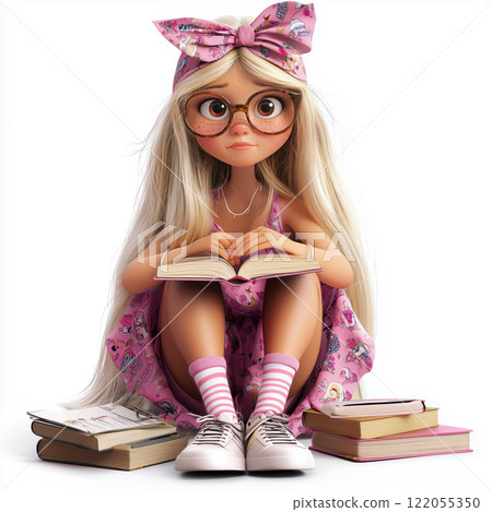 A cute blonde girl sits cross-legged, surrounded by books 122055350