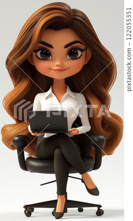 A confident businesswoman  sits in a  office chair, holding a laptop 122055351