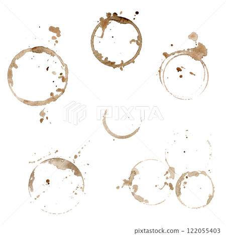 Hand draw set of abstract coffee watercolor circle splashes and stains isolated on white background Hand draw set of abstract coffee watercolor circle splashes and stains isolated on white background 122055403