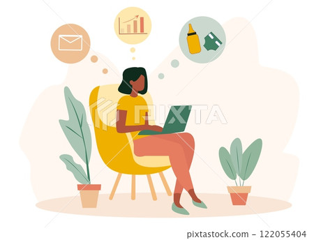Illustration of a mom sitting in a chair working on a laptop with various thought bubbles depicting multitasking in business and family duties. Light background. Concept of work-life balance 122055404