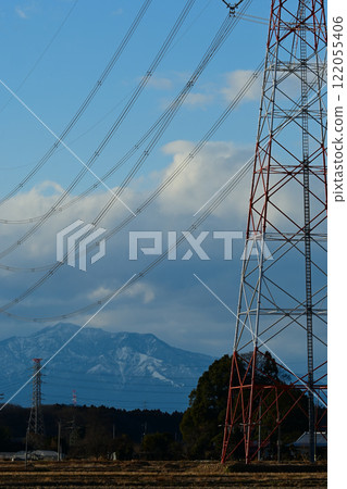 Landscape with power lines and towers Landscape with power lines and towers 122055406
