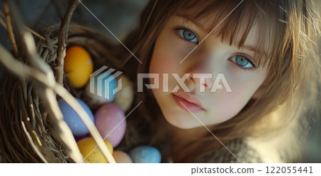 Young girl holds colorful Easter eggs in a basket, smiling warmly against a softly blurred background 122055441