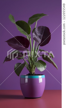 Vibrant Indoor Plant in Purple Pot Against a Minimalistic Purple Wall Vibrant Indoor Plant in Purple Pot Against a Minimalistic Purple Wall 122055549