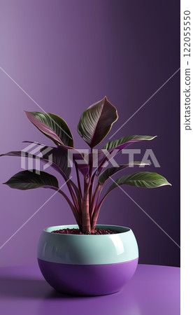 Vibrant Indoor Plant in Purple Pot Against a Minimalistic Purple Wall 122055550