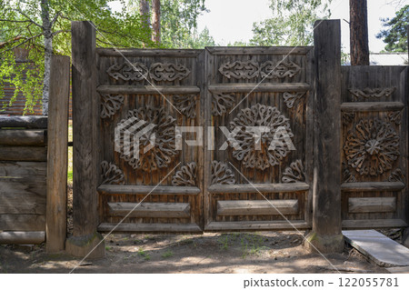 An old carved wooden gate from the 19th century in Ulan-Ude, Russia 122055781