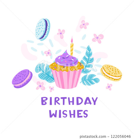 Happy Birthday Card with Cupcake, Macarons, and Flowers 122056046