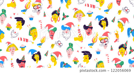 Christmas Party Time unique Characters. Seamless pattern background. Diverse collection of festive faces. Christmas Party Time unique Characters. Seamless pattern background. Diverse collection of festive faces. 122056069