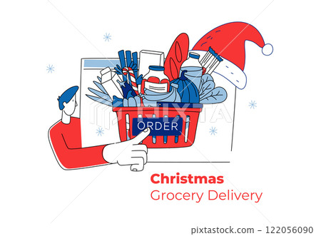 Vector illustration of holiday grocery delivery via smartphone app 122056090