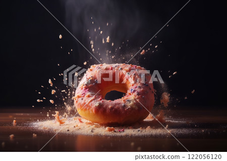 Donut expressive shot with topping and sugar powder splash. Tasty donut food styling image. Generative AI. 122056120
