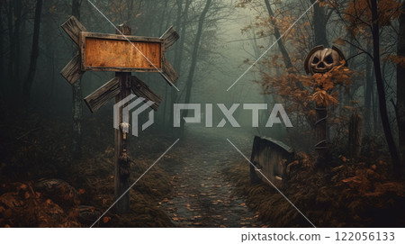 Signboard at the enty of dark fairytale village in Halloween style. Generated AI. 122056133