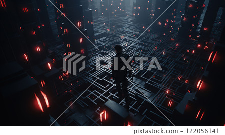 Alien base interior with laser labyrinth in 80s sci-fi action style. Generated AI. 122056141