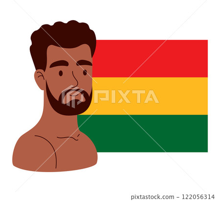 Black History Month. African American man with red, yellow, green flag. Vector illustration. Holiday in February in USA, Canada October in UK. Flat festive male character. 122056314