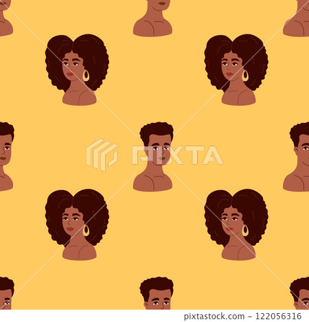 Seamless pattern with portraits African American woman and man on yellow background. Vector illustration 122056316