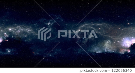 360 degree space background with glowing huge nebula with young stars, equirectangular projection, environment map. HDRI spherical panorama. 122056340