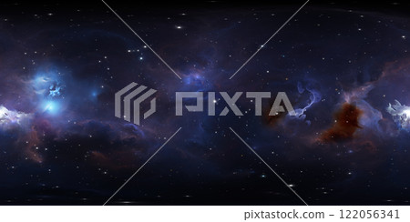 360 degree space background with glowing huge nebula with young stars, equirectangular projection, environment map. HDRI spherical panorama. 122056341