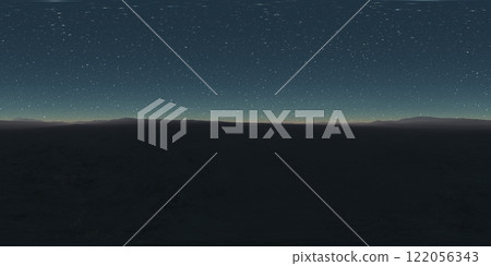 360 degree starry night sky texture, night desert landscape. Equirectangular projection, environment map, HDRI spherical panorama. 122056343