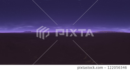 360 degree starry night sky texture, night alien desert landscape. Equirectangular projection, environment map, HDRI spherical panorama. 122056346