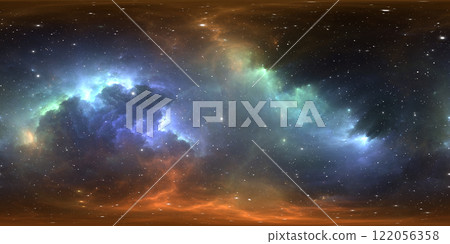 360 degree stellar system and gas nebula. Panorama, environment HDRI map. Equirectangular projection, spherical panorama. Virtual reality background. 122056358